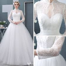 Affordable White See Through Wedding Dresses 2018 Ball Gown High Neck Long Sleeve Backless Pearl Ruffle Chapel Train Ball Gowns Wedding Dresses 2018 Dresses