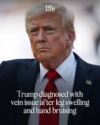 US President Donald Trump has been diagnosed with a common, benign vein  condition, following speculation about his heavily bruised hand and swollen  legs. Full story in the comments