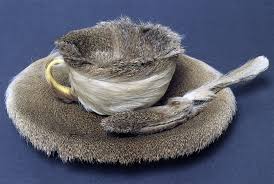 A saucer is a small curved plate on which you stand a cup. Meret Oppenheim Object Fur Covered Cup Saucer And Spoon Article Khan Academy
