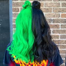 Black And Neon Green Hair Split Split Neon Green Hair In 2020 Green Hair Neon Green Hair Half And Half Hair