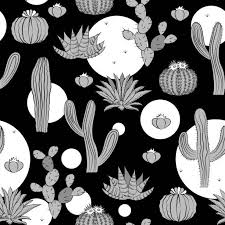 Black And White Palette For Vector Art Seamless Pattern With Cactus Wild Cactus Forest With Doodle Circles Vector Art Illustration Seamless Patterns Doodles