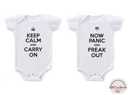 Funny Twin Onesies Short Sleeve Quot Keep Calm Quot For Baby Boys Or Baby Girls Matching Onesies For Twins Baby Shower Twin Baby Shower Gifts Twin Onesies