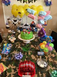 Birthday Cake Table Decoration At Home Fortnite Cake Table Fun Birthday Party Birthday Party Decorations Birthday Party Games