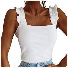 Honeygod Women S Knitted Tank Tops Ruffle Strap Tank Tops For Women Solid Square Neck Crop Tank Top At Amazon Women S Clothing Store