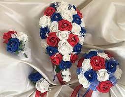 Plastic stems with silk flowers. Brides Bridesmaids Wedding Bouquet Flowers British Red White Blue Ebay