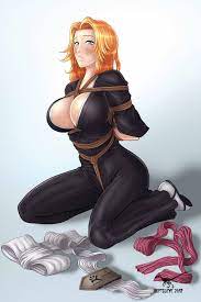 reptileye, matsumoto rangiku, bleach, highres, 1girl, arms behind back, bdsm,  blonde hair, blue eyes, blush, bondage, bound, breast bondage, breasts,  cleavage, crotch rope, hakama, hakama skirt, huge breasts, japanese  clothes, kneeling, long