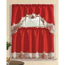 All American Collection New 3pc Christmas Holiday Design Embroidered Kitchen Curtain Set Poinsettia Re Kitchen Curtain Sets Kitchen Curtains Elegant Curtains
