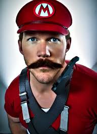 chris pratt dressed as mario, cosplay, mustache,