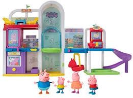 Amazon Com Peppa Pig Shopping Mall With Family Includes 1 Connectable Mall Playset 4 Character Toy Figures 2 Chairs 1 Piz Peppa Pig Toys Peppa Pig Playset