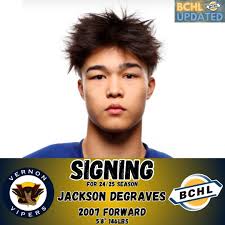 The @vernonvipersbchl have signed 2007 forward Jackson DeGraves (🇨🇦) for  the 24/25 season So far this season Jackson DeGraves has 22 points (9 goals  & 13 assists) in 14 games with Northern