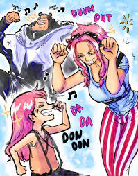 bartholomew kuma, ginny (one piece), jewelry bonney, one piece, artist  request, highres, 1boy, 2girls, aged down, breasts, child, clenched hands,  dancing, eyewear on head, family, father and daughter, freckles, grin,  happy, jumping,