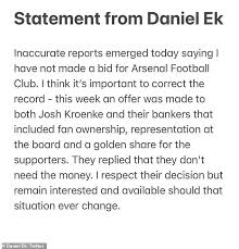 We are not associated with rolve, so please do not ask for the addition of more codes. Arsenal Patrick Vieira Says Daniel Ek Will Definitely Try Again After Failed 1 8bn Bid Daily Mail Online