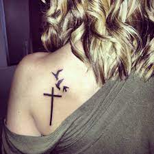 Three flying birds and cross shoulder tattoo. 110 Tattoos Ideas Tattoos Beautiful Tattoos Cute Tattoos