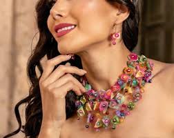 Mexican Artisanal Jewelry Set. Typical Mexican Necklace & Earrings.  Bohemian Style. Ethnic Jewelry. Traditional Mexican Fiesta Necklace.