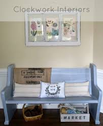 Painted Church Pew And Grainsack Stripe Pillows March Fffc Clockworkinteriors Com Furniture Fix Church Pew Furniture