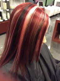 Chunky Bold Red Blonde And Black Highlights By Kim Pretty Hair Color Spring Hair Color Curly Hair Styles