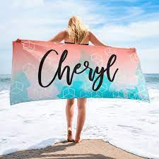 Personalized Name Beach Towel Custom Towel Blue Geometrical Etsy Summerfashion Beachtowel Weddinggiftide Custom Towel Blue Towels Personalized Beach Towel