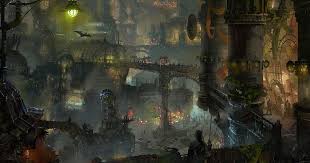 Zaun Is A Large Undercity District Lying In The Deep Canyons And Valleys Threading Piltover What Light Reaches Below Is Filte Art Steampunk City Concept Art