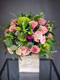 Tall Wood Box Arrangement With Pink Roses And Spray Roses Hydrangeas Lisianthuses Alstro Flower Arrangements Beautiful Flower Arrangements Wonderful Flowers