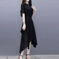 abclosetマキシワンピースラウンドネック半袖不規則気質アップブラックワンピース マキシワンピース ロング丈ワンピース ブラックワンピース