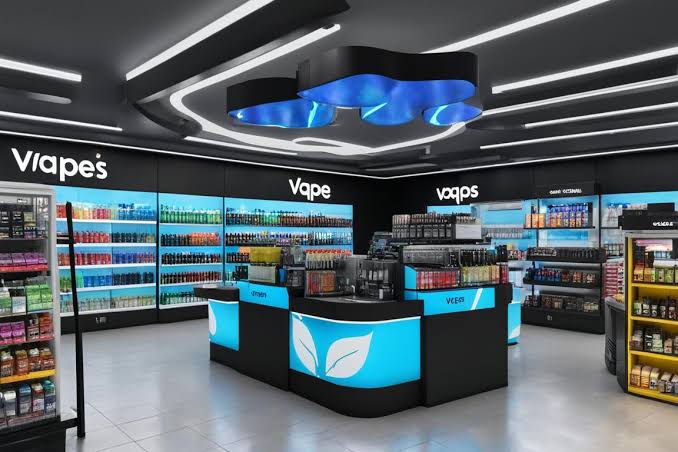 Modern retail vape shop interior with blue neon lights and stocked e-liquid shelves VapeFeat store guide