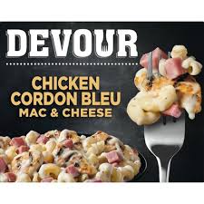 Crispy on the outside with tender chicken breast swirled around melty cheese nestled inside with thin slices of deli ham; Devour Chicken Cordon Bleu Frozen Mac Cheese 10 5oz Target