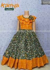 It's a perfect ethnic wear for birthday, naming ceremony, wedding and other festivals. Ikat Kalamakari Lehenga Kamya By Karthika Karthikadesignstudio Whatsapp At 0948056990 Kids Blouse Designs Kids Frocks Design Kids Gown