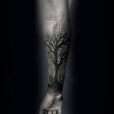 Dark Black Ink Shaded Tattoo Of Tree On Male Tree Tattoo Forearm Tattoo Designs Men Tattoos