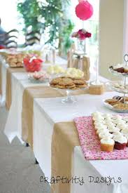 Burlap Runners On The Dessert Table Bridal Shower Menu Vintage Bridal Shower Bridal Shower