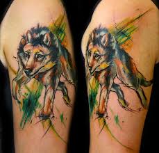 Beautiful watercolor wolf with pinks and baby blue and teals. Watercolor Wolf Tattoo By Aubrey Mennella Tattoonow