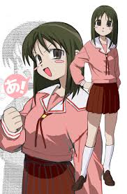 iniooooo, kasuga ayumu, azumanga daiou, highres, !, >:), 1girl, :d, a  (phrase), ascii art, azumanga daioh's school uniform, blush stickers,  brown eyes, brown footwear, brown hair, brown skirt, clenched hand, full  body,