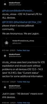 El jailbreak es una forma en que los usuarios de ios y android pueden sobrescribir o ignorar los un grupo de hackers llamado uncover publicó durante el fin de semana un nuevo método que permite. La Esperanza Aumenta Para El Jailbreak De Ios 14 Tras El Lanzamiento Del Nuevo Kernel Cicuta Virosa Exploit Por Modernpwner Samagame