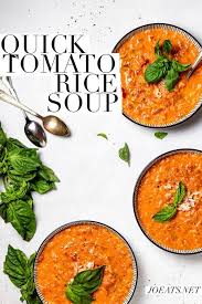 This Tomato Rice Soup Is A Fast Easy And Comforting Meal That S Perfect For A Cozy Dinner By The Fire Or A Qui Tomato Rice Tomato Rice Soup Rice Soup Recipes