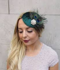 Dark Green White Peacock Feather Pillbox Hat Fascinator Hair Clip Vintage  2996