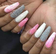 Long Acrylic Nails With Rhinestone Glitter And Marble Nail White And Pink Coffin Nails For Summer Long Acrylic Nails White Acrylic Nails Coffin Nails Designs