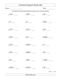 The Principal Square Roots Common A Math Worksheet From The Number Sense Worksheets Page At Math Drills Square Roots Math Drills 8th Grade Math Worksheets