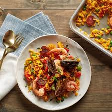 Sheet Pan Paella With Chorizo Mussels And Shrimp Sheet Pan Recipes Recipes Sheet Pan Dinners