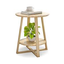 Home Warehouse Double Layer Small Round Table Creative Multifunction Living Room Telephone Table Solid Wood Side Table Bedside Table Decor Side Tables Bedroom