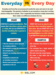 Everyday Vs Every Day When To Use Everyday Or Every Day 7 E S L In 2020 Learn English Learn English Vocabulary English Vocabulary