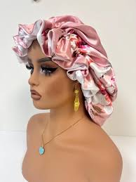 Pink Flowers XL Adjustable Satin Bonnet