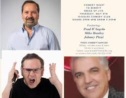 3 weeks from today! COMEDY NIGHT TO BENEFIT BREAD OF LIFE Thursday, May 8,  2025 6:00 PM 8:30 PM Giggles Comedy Club 517 Broadway Saugus Pizza! Comedy!  Raffles! with comedians Paul D'Angelo,