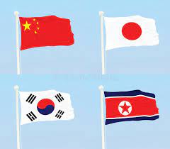 Un fondo rectangular blanco, un taeguk rojo y azul, que simboliza el equilibrio, en su centro, y cuatro trigramas negros seleccionados. China Japon Corea Del Sur Y Banderas Nacionales De Corea Del Norte Ilustracion Del Vector Ilustracion De Nadie Corea 99861965