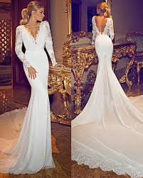 S600 Chiffon Lace Deep V Neck Long Sleeves Long Sleeve Mermaid Wedding Dress Backless Lace Wedding Dress Ivory Bridal Gown