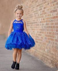 Royal Blue Lace Flower Girls Dresses For Weddings Halter Beadings Short Princess Kids Ball Gown Custom Made Baby Gowns For Girls Girls Pageant Gowns Kids Dress