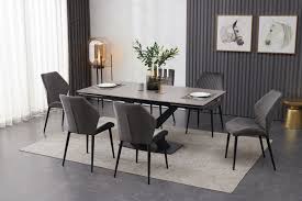 This vanesa extendable dining table comes in a beautiful gray finish, that will make it super easy to pair with any existing decor or. Ceramic Grey Table With 6 Modern Grey Velvet Dining Chairs Chelsea Home And Leisure Ltd