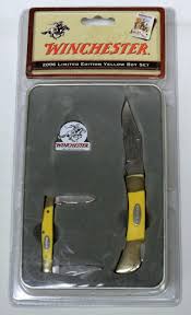 Good/like new (item appear good/like new in open box/includes 3 knife slots & 3 knives/other pieces may be missing). Winchester 2006 Limited Edition Yellow Boy Pocket Knife Set Sealed In Original Packaging W Tin Firearms Military Artifacts Knives Blades Folding Knives Online Auctions Proxibid