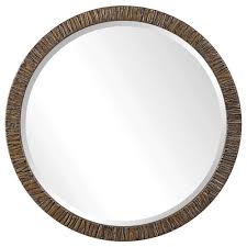 Round Wood Framed Mirror With Textured Tree Bark Veneer Round Wall Mirror Wood Framed Mirror Metallic Gold Leaf
