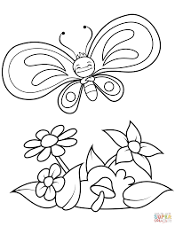 Disegno Di Farfalla Divertente Su Fiori E Funghi Da Colorare