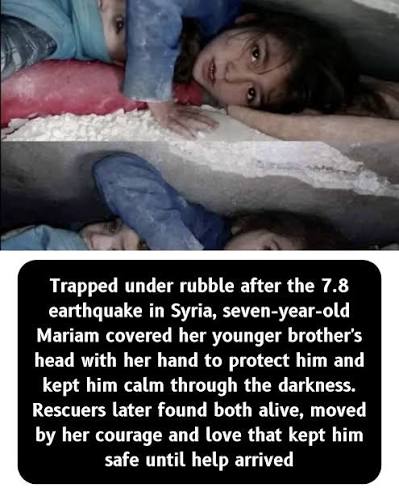 This striking photo shows a 7-year-old Syrian girl protecting her younger  brother with her arm as they lay trapped beneath collapsed rubble. They were  discovered 17 hours later, miraculously alive. Her bravery