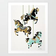 See carousel horse stock video clips. Carousel Horses Mint Gold Palette Art Print By Cat Coquillette Society6